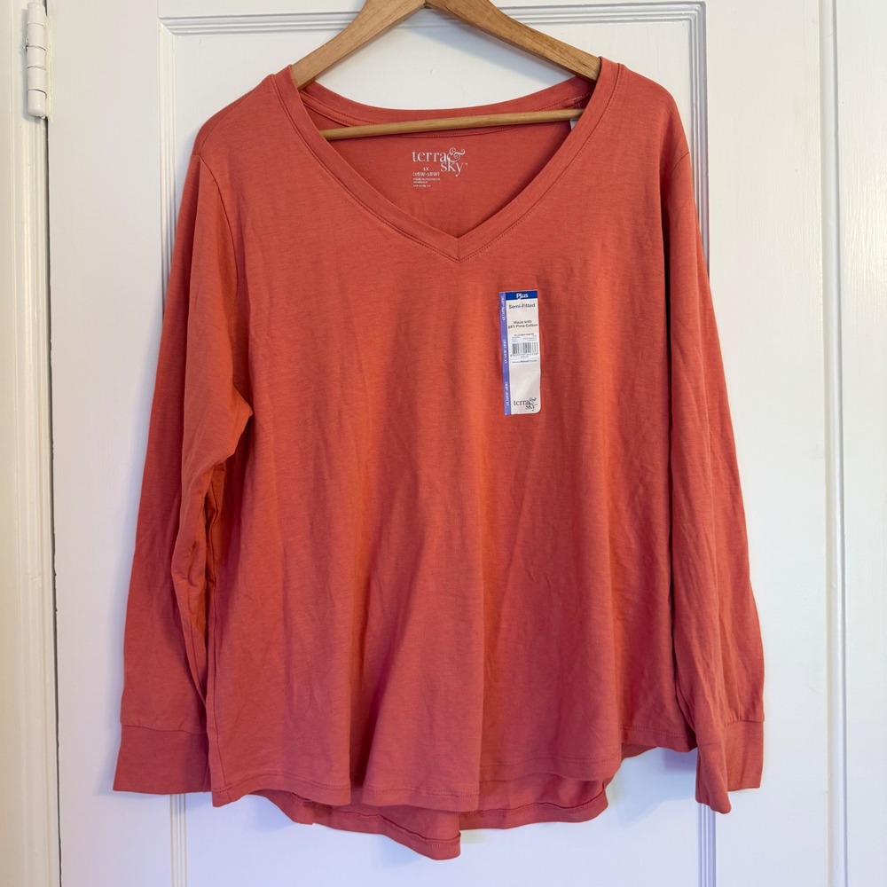 Terra & Sky Womens 1X Coral Pink Pima Cotton Blend V-Neck Long Sleeve Core Tee